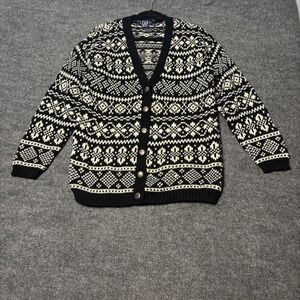 Gap Cardigan Sweater Womens Small Black Fair Isle 100% Cotton Pockets Made UK‎